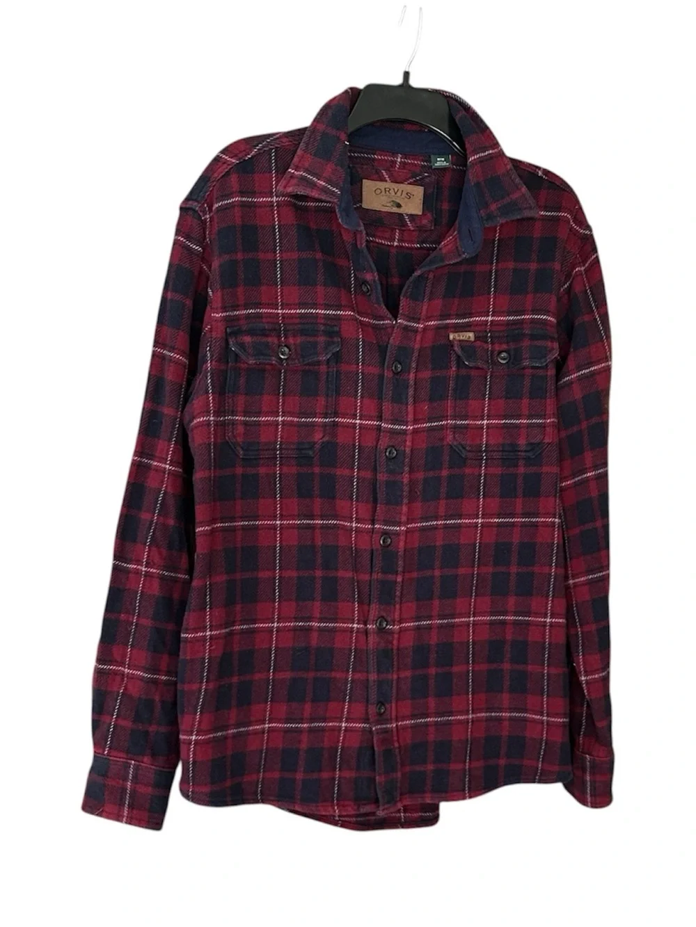 Orvis Brushed Cotton Flannel Shirt Shacket Red Navy Plaid Buffalo Size M Pockets